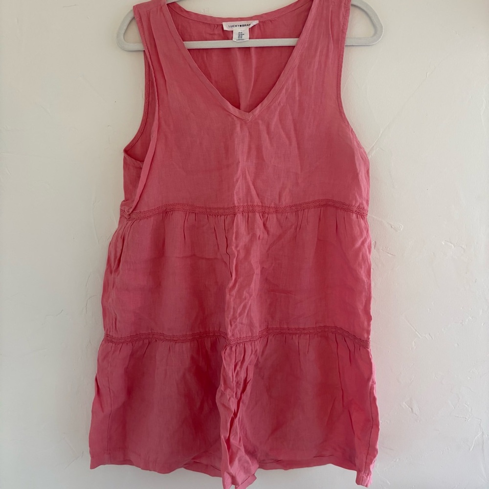 Lucky Brand Coral Pink Linen Tiered V-Neck Sleeveless Dress Medium